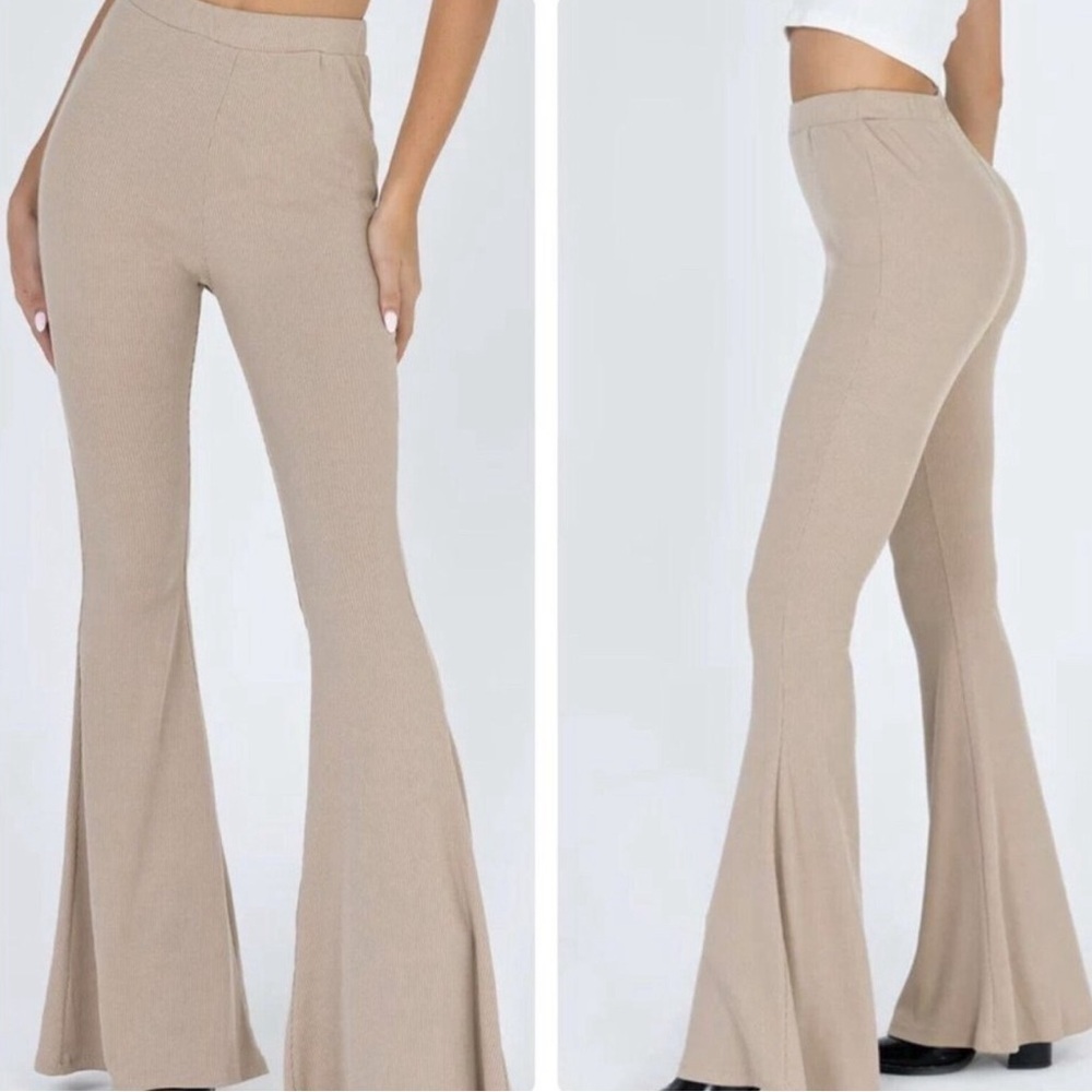 Princess Polly Flare Rita Roberts Ribbed pants in tan/beige size: 2